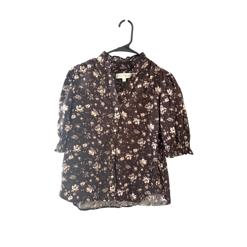 Chelsea & Theodore Brown Floral Puff Sleeve Cotton Blouse Small Peasant Cottage